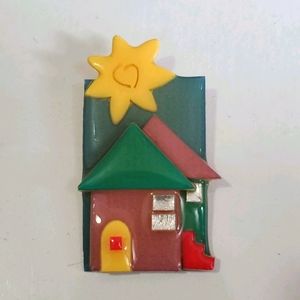 Vintage House Pin by Lucinda Handmade  Brooch Brown Green Yellow Acrylic
